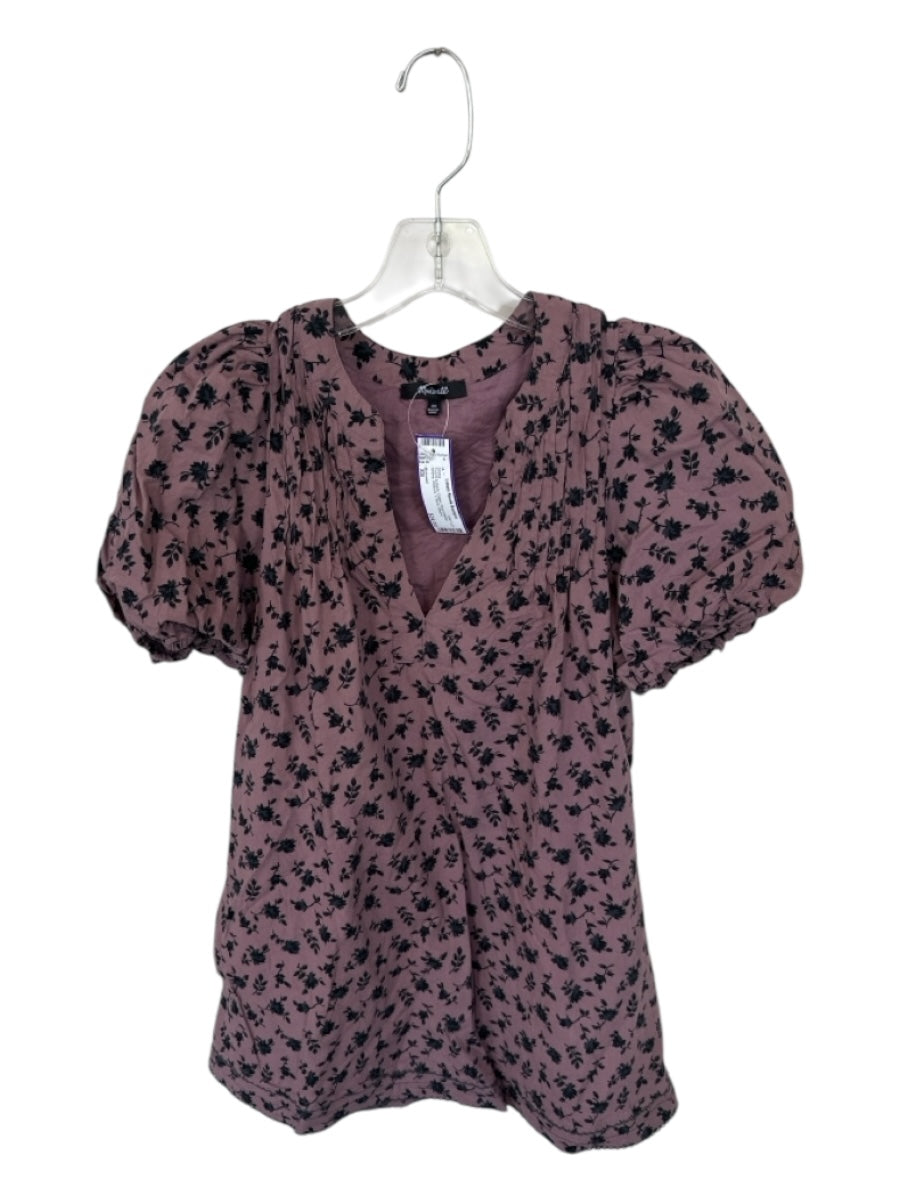 Madewell Size XS Purple & Black Cotton Short Balloon Sleeve Flowers V Neck Dress