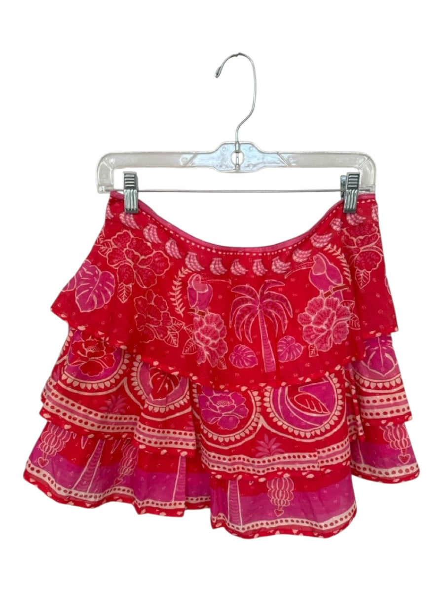 Farm Rio Size L Pink & Red Cotton Side Zip Flowers Ruffles Mini Skirt