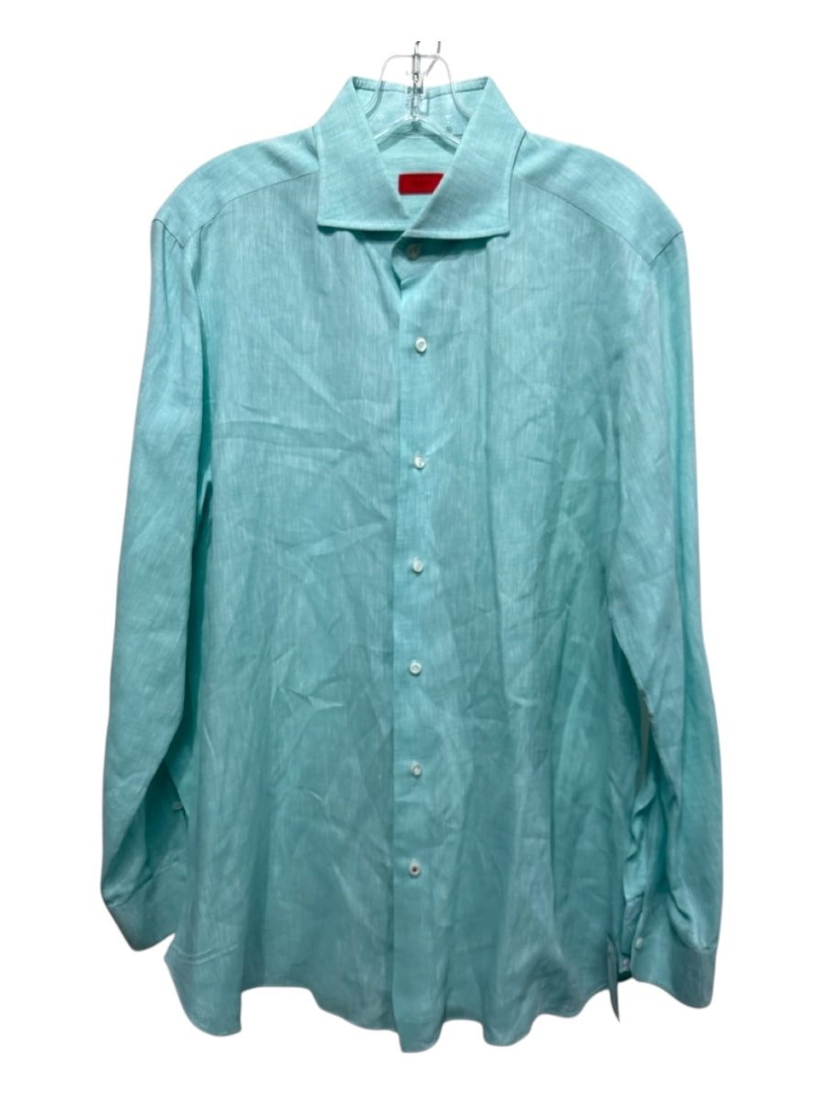 Isaia Size 43 Teal Linen Solid Button Down Men's Long Sleeve Shirt