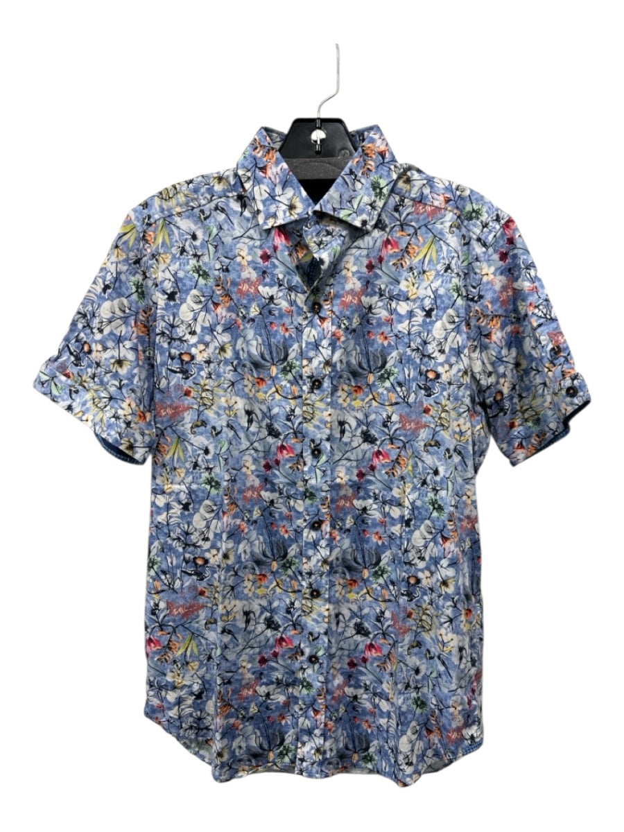 Robert Graham Size M Light Blue & White Cotton Floral Button up Short Sleeve