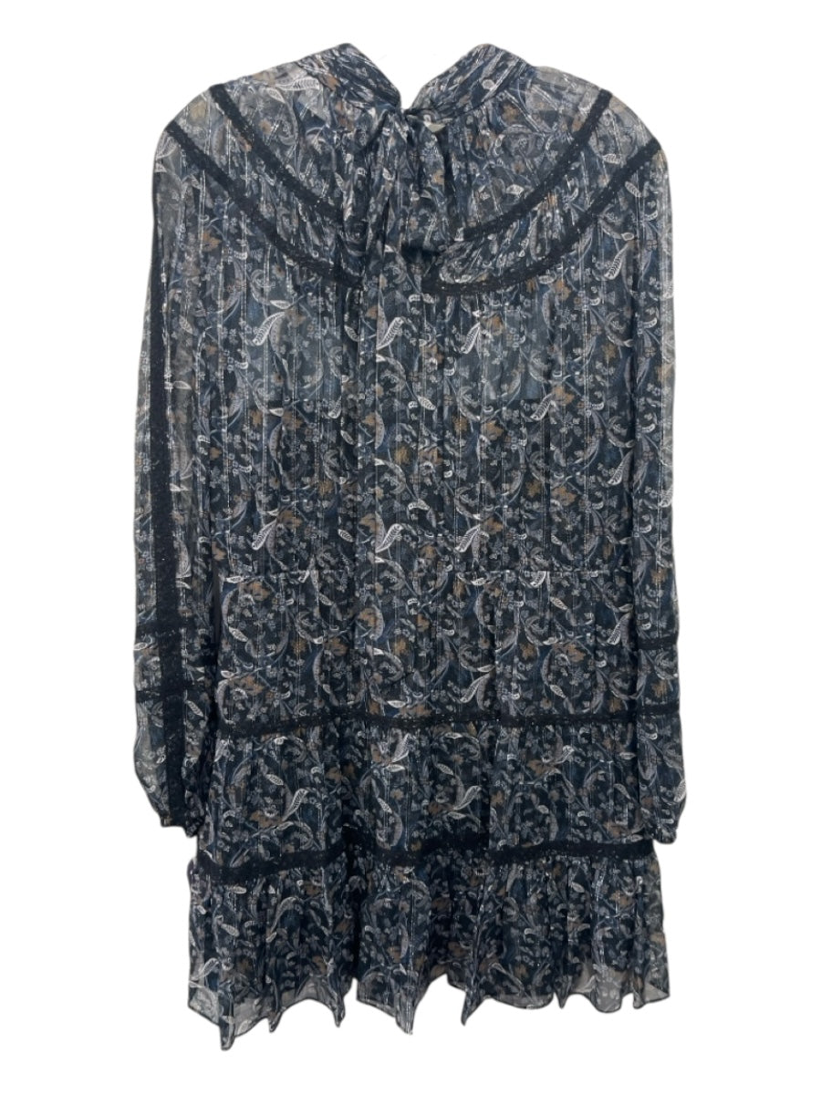 Veronica Beard Size 12 Black Silk Paisley Print Sheer Lace Trim Mini Dress