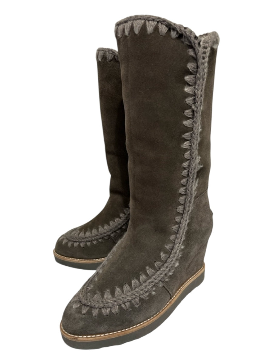 Mou Shoe Size 8 Gray Sheepskin Shearling Blanket Stitch Mid Calf Moccasin Boots