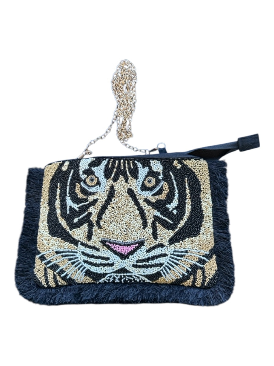 Topshop Black & Tan Beaded Fringe Tiger Crossbody Bag