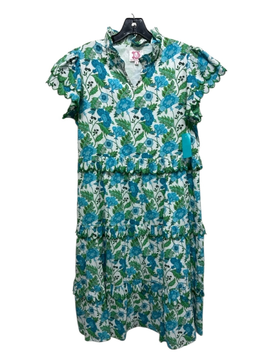 Victoria Dunn Size M White, Green, Blue Cotton floral print Tiered V Neck Dress
