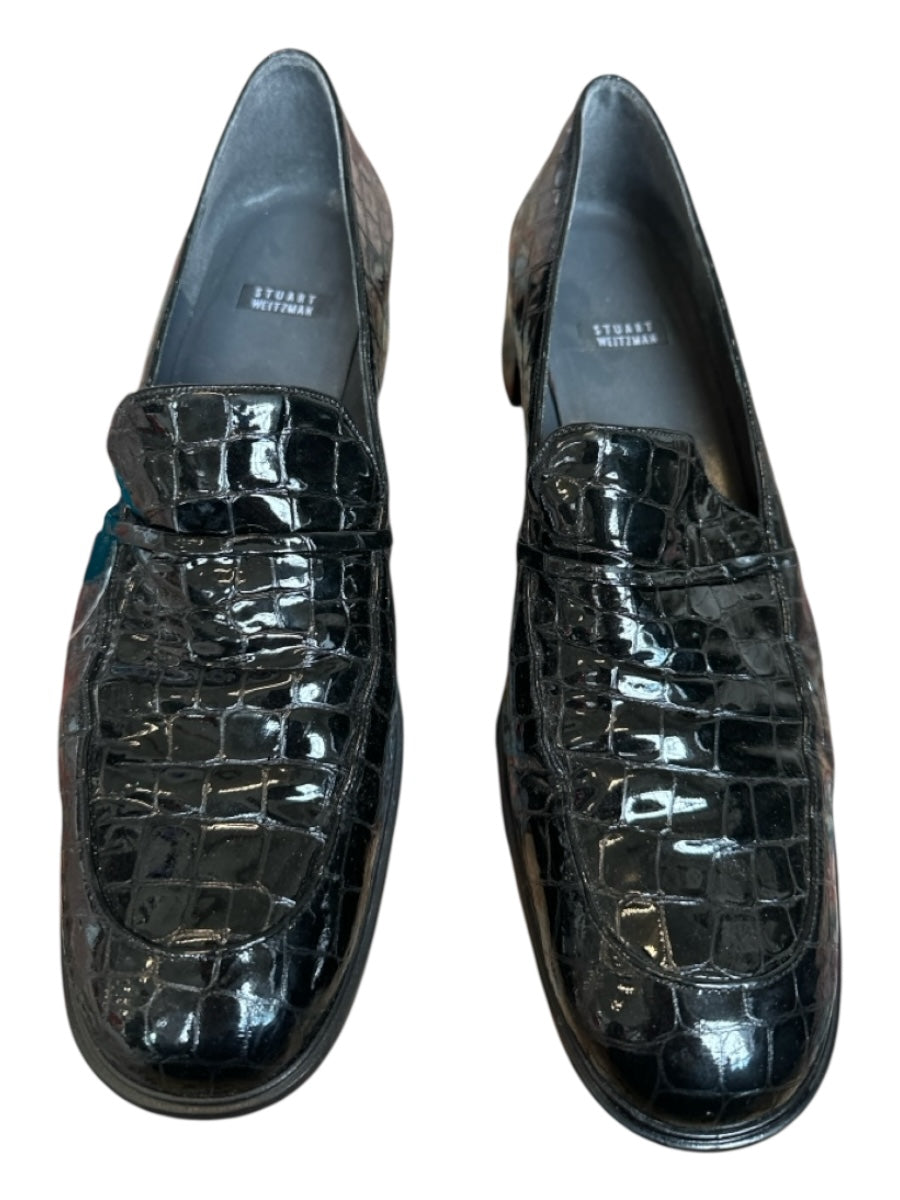 Stuart Weitzman Shoe Size 9.5 Black Leather Croc Embossed Block Heel Loafers