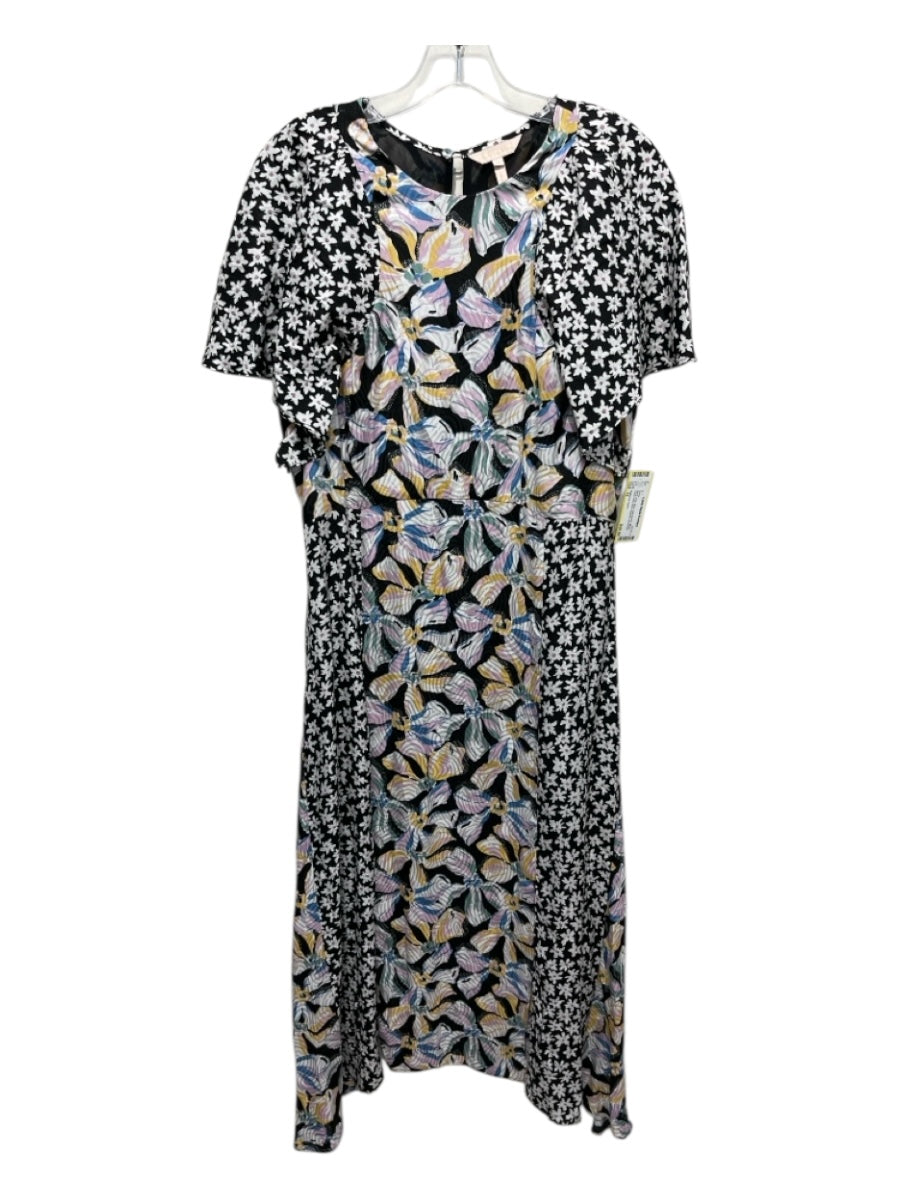 Rebecca Taylor Size 12 Black, Pink, Blue Cap Sleeve Mixed Floral Midi Dress