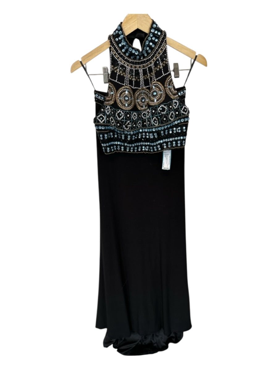 Sherri Hill Size 4 Black & Blue Polyester Beaded Sleeveless Gown