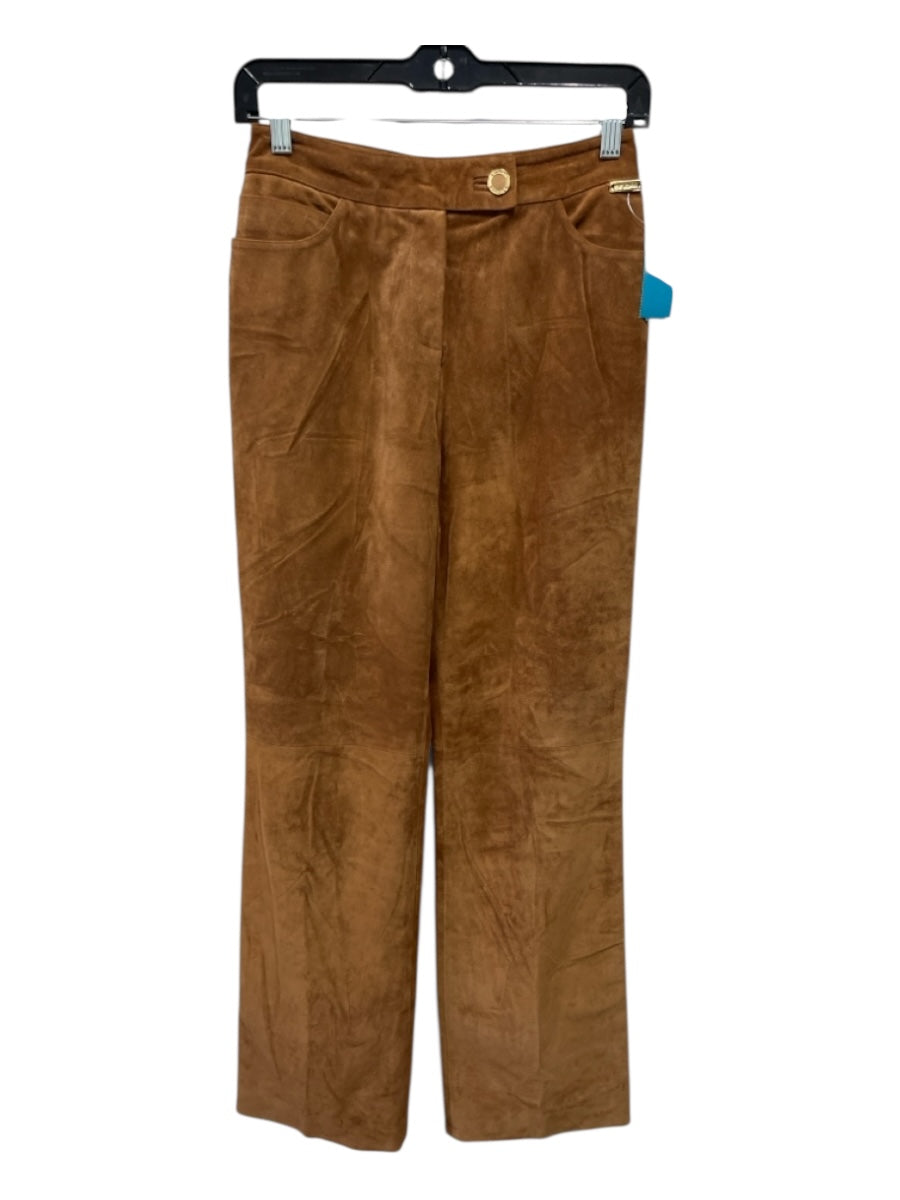 St. John Size 4 Camel Brown Suede & Silk 5 Pocket Gold Button Detail Pants