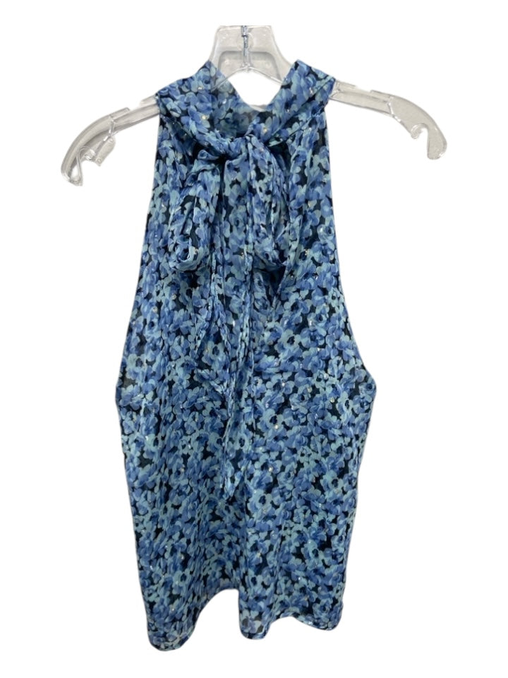 Sabina Musayev Size M Blue, Black & Gold Polyester Sleeveless Tie Neck Sheer Top