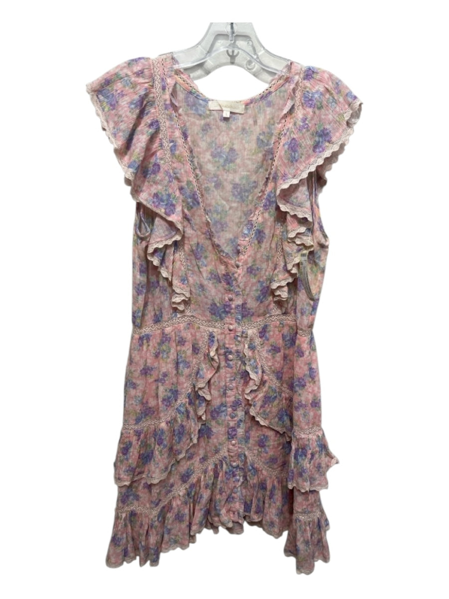 Love Shack Fancy Size Large Pink, Green, Blue Cotton Ruffle Cap Sleeve Dress