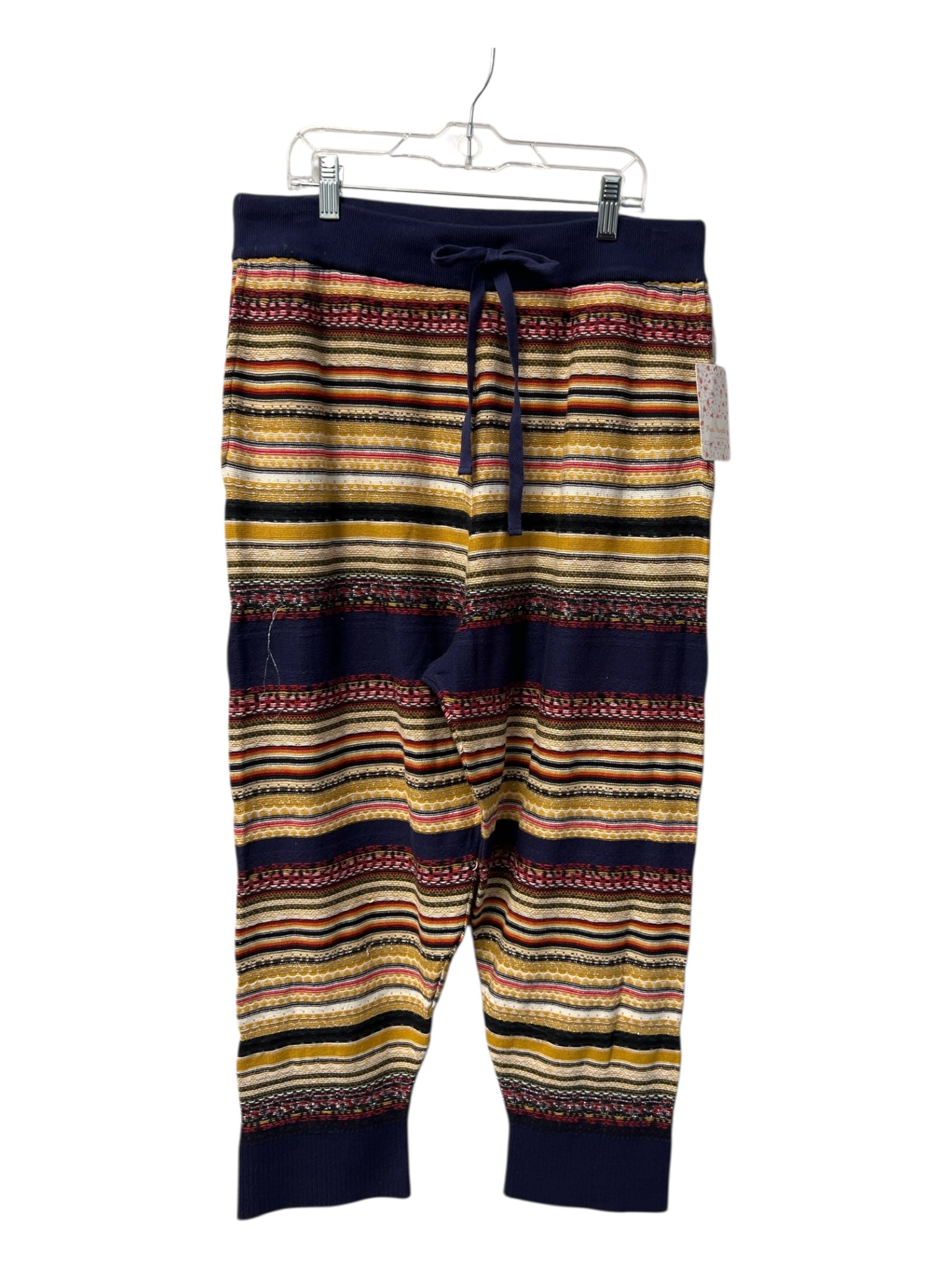 Free People Size L Navy & Multi Cotton Blend Knit Drawstring Ribbed Detail Pants