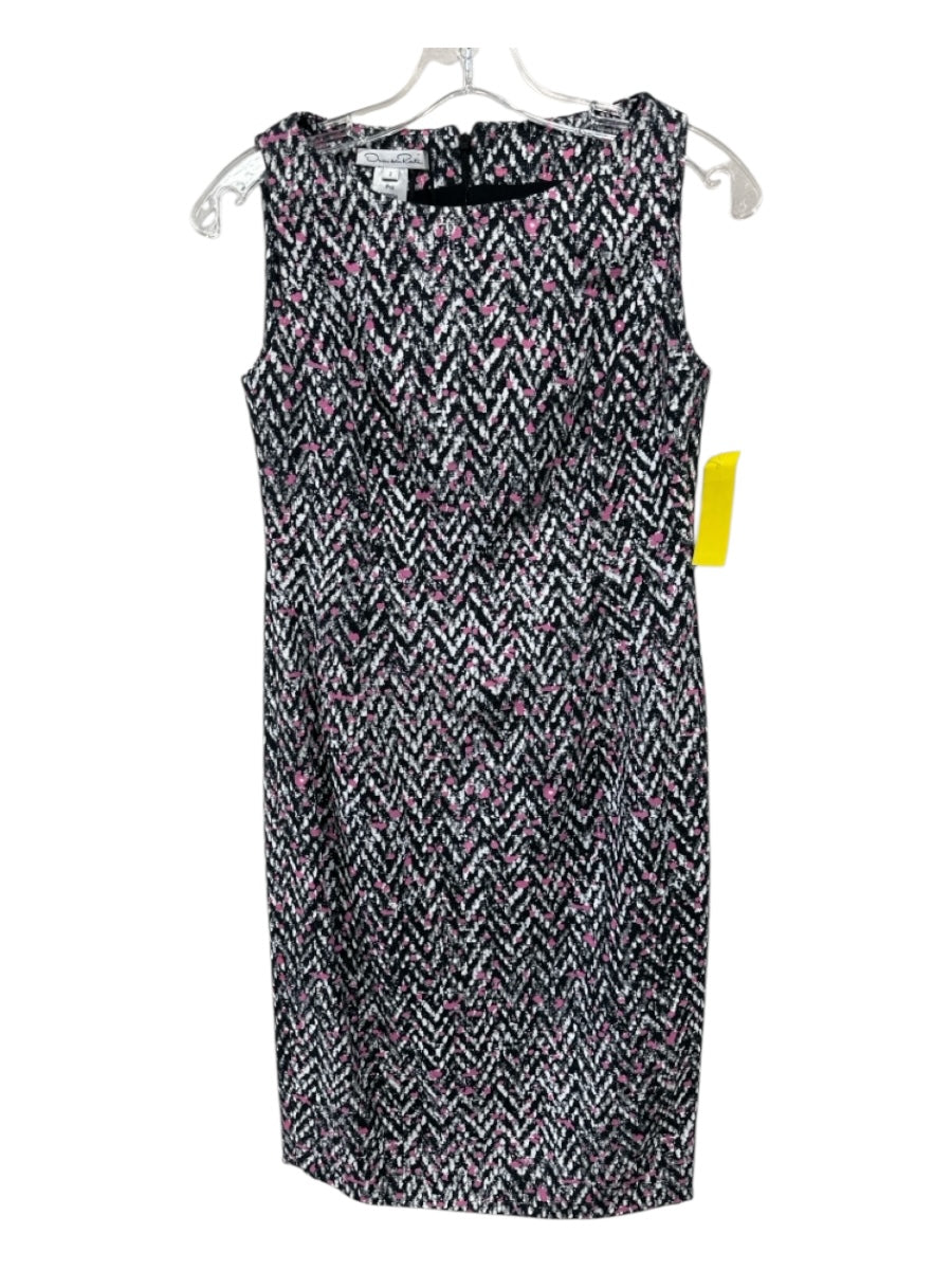 Oscar De La Renta Size 2 Black, White, Pink Viscose Blend Tweed Chevron Dress