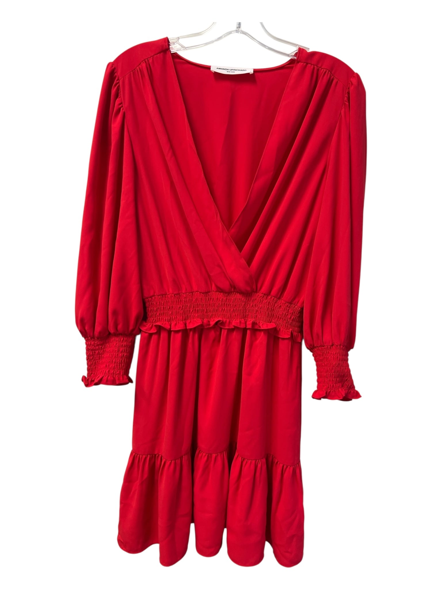 Amanda Up Richard Size M Red Polyester V Neck Faux Wrap Gathered Sleeves Dress
