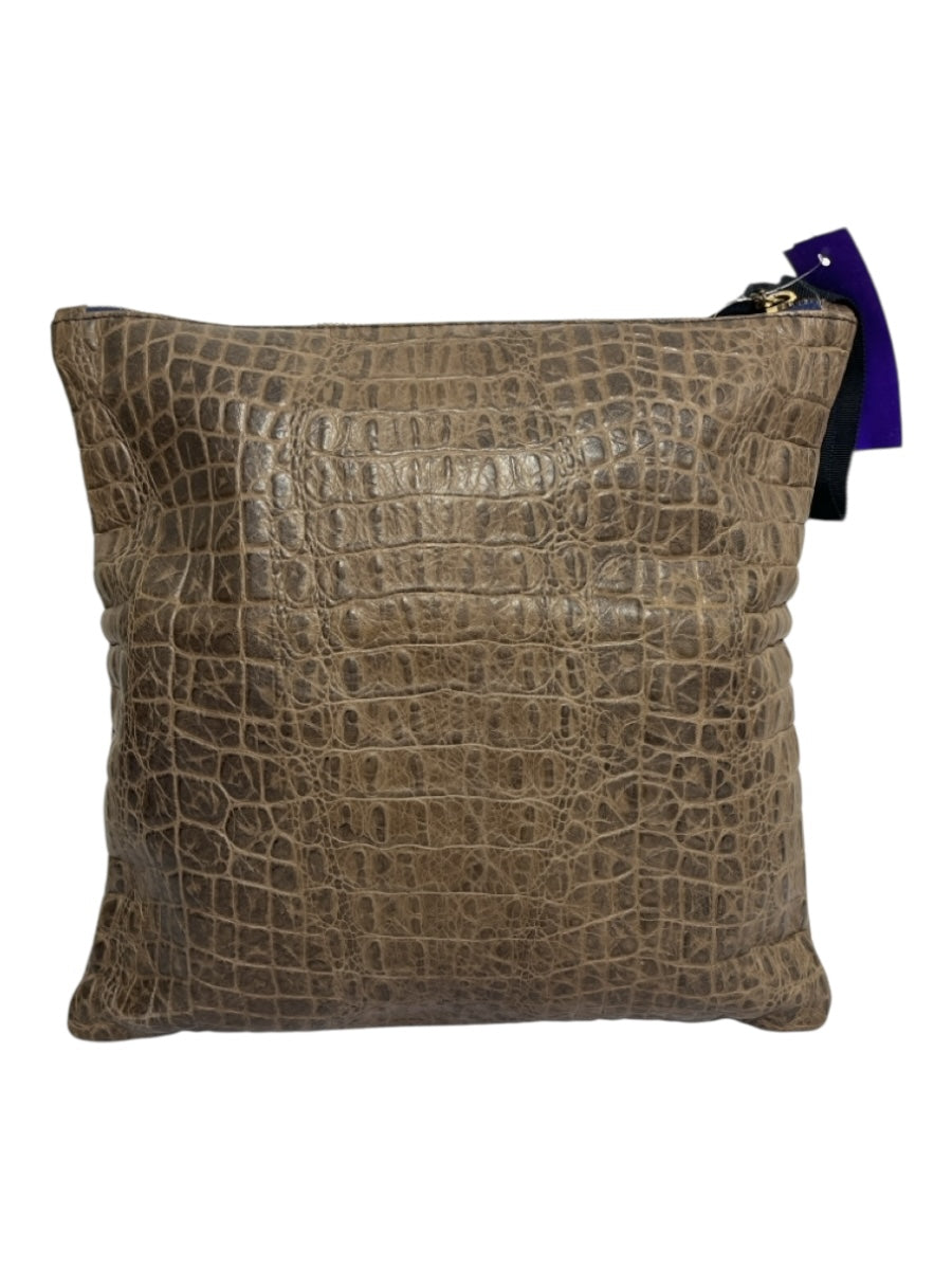 Clare Vivier Brown & Black Leather Ribbon Detail Alligator Embossed Clutch Bag
