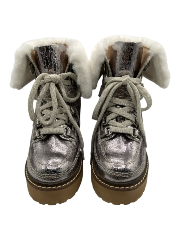 Free People Shoe Size 6.5 Silver, White, Brown Leather & Faux Fur Laces Boots