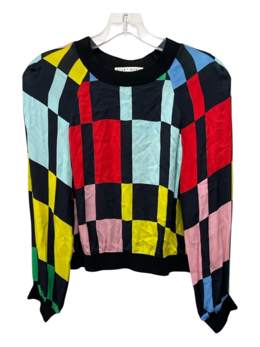 Alice + Olivia Size XS Black, Blue, Multi Viscose Ribbed Neck Contrast Trim Top