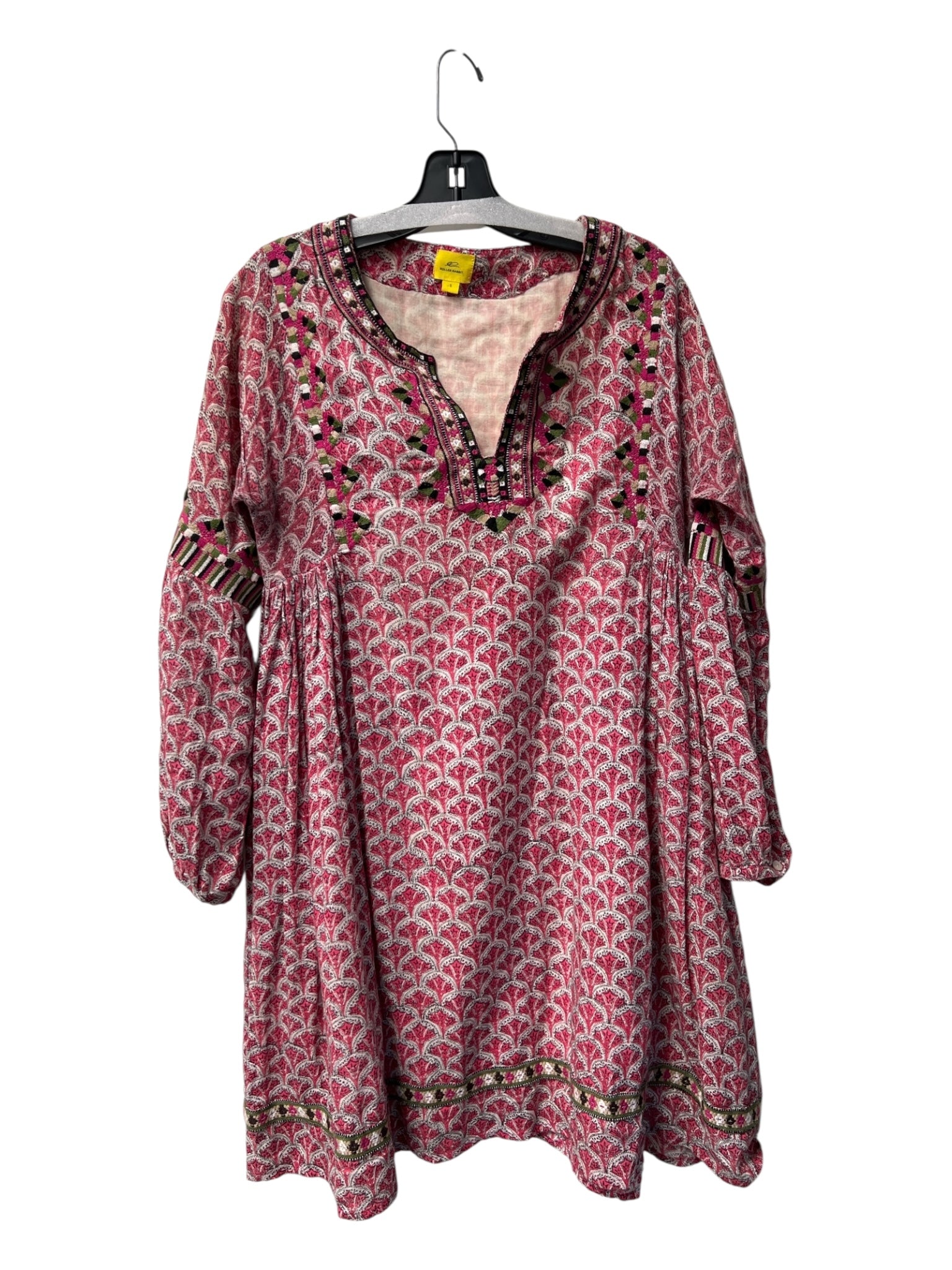 Roller Rabbit Size Small Pink & Aqua Cotton round split neck Long Sleeve Dress