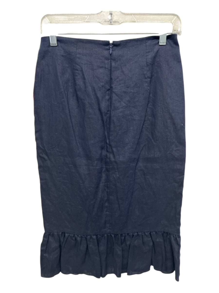 Boden Size 2 Navy Linen Back Zip Side ruffle Ruffle Hem Midi Skirt