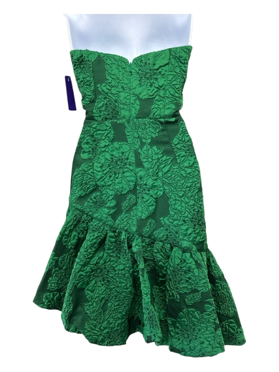 Marchesa Notte Size 0 Green Polyester Jacquard Floral Strapless Bubble Hem Dress