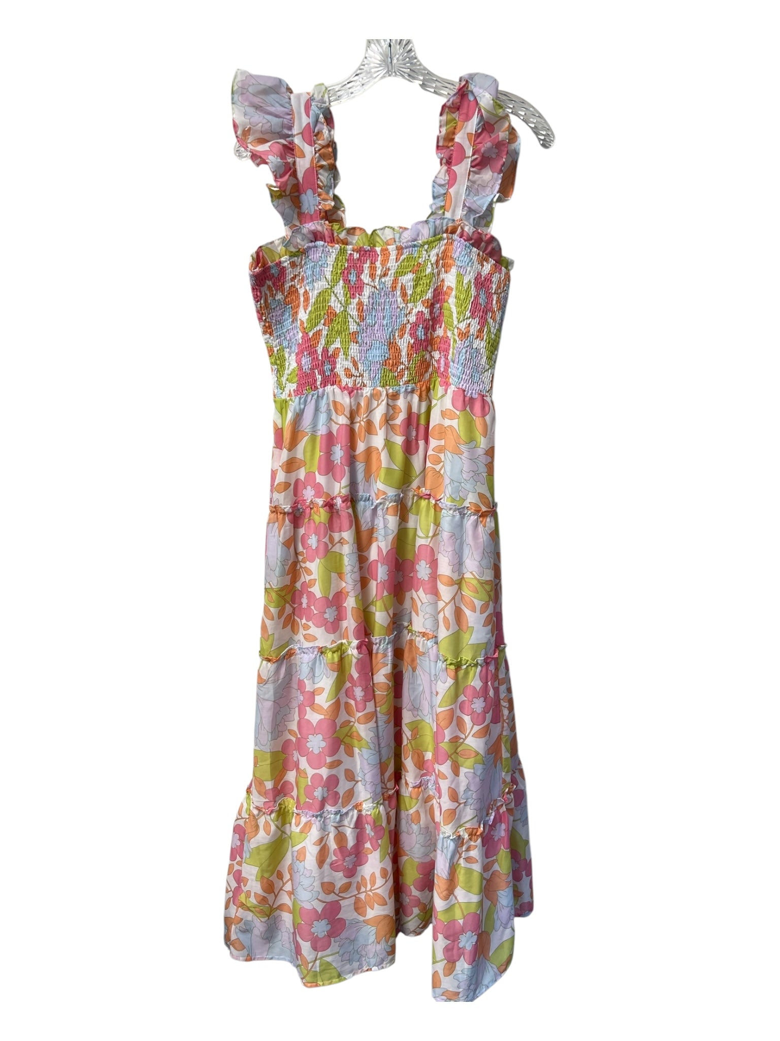 J. Marie Size Large White & Multi Polyester Sleeveless Maxi Ruffle Straps Dress