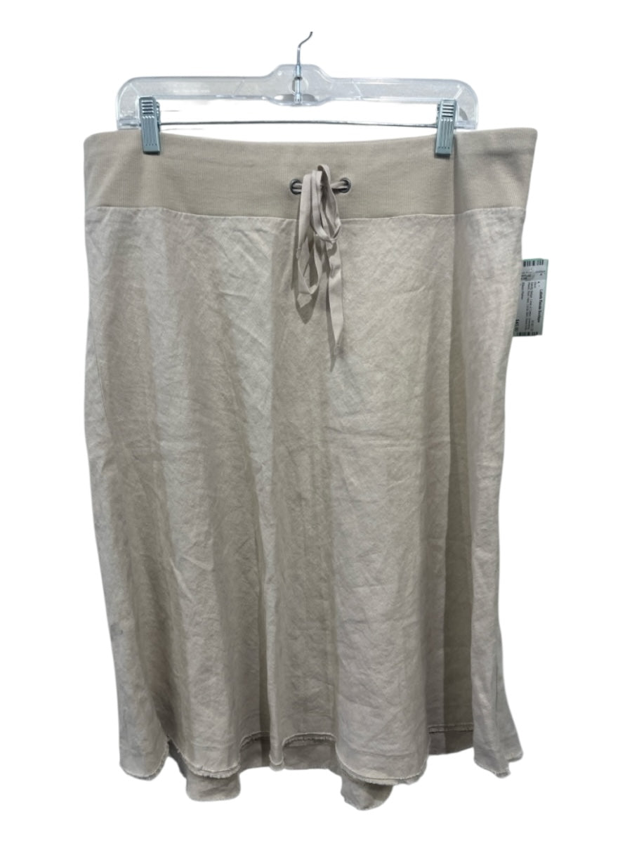Eileen Fisher Size L Sandy Beige Linen & Cotton Drawstring Waist Raw Hem Skirt