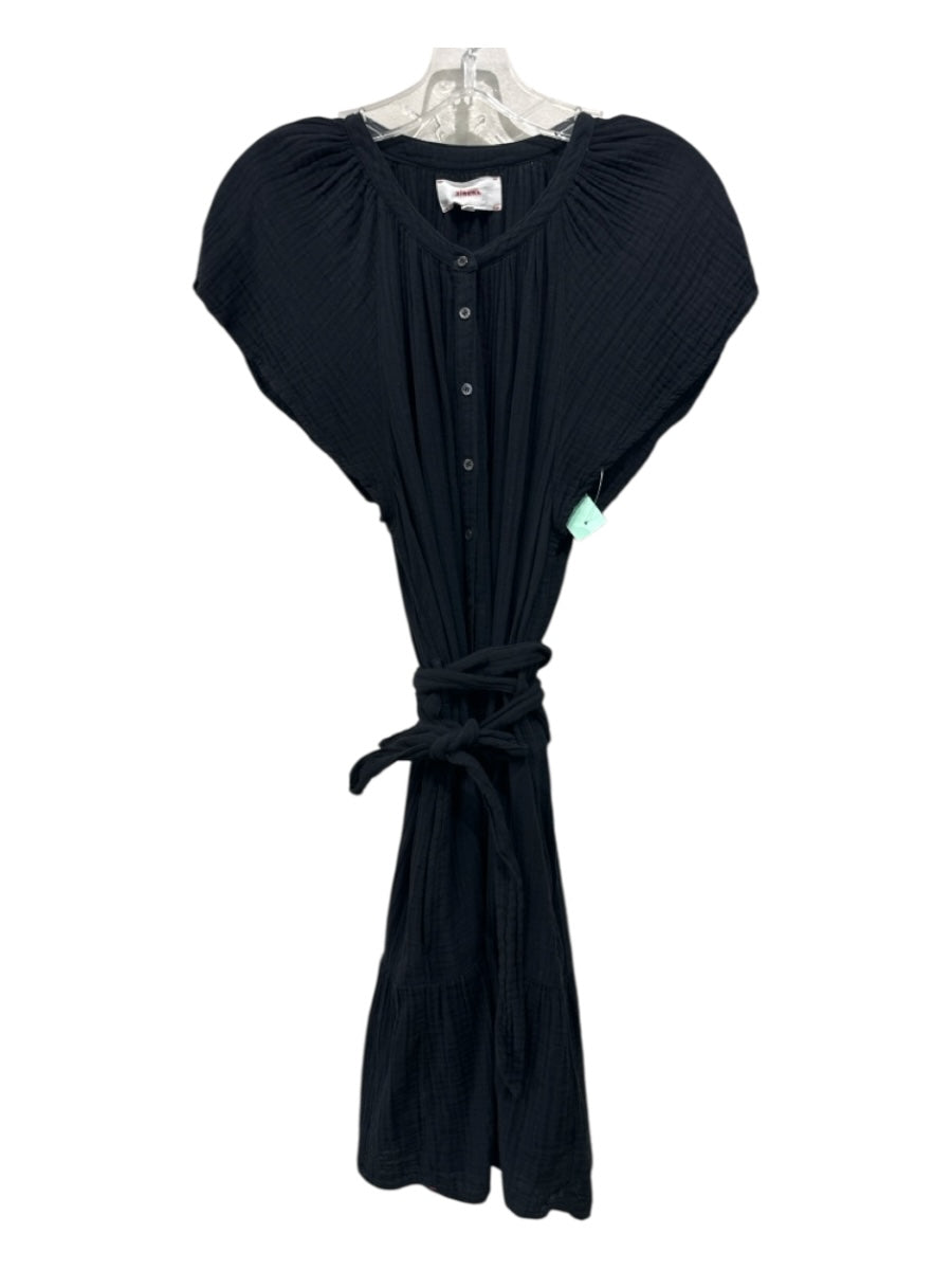 XiRENA Size M Black Cotton Gauze Button Sash Cap Sleeve Dress