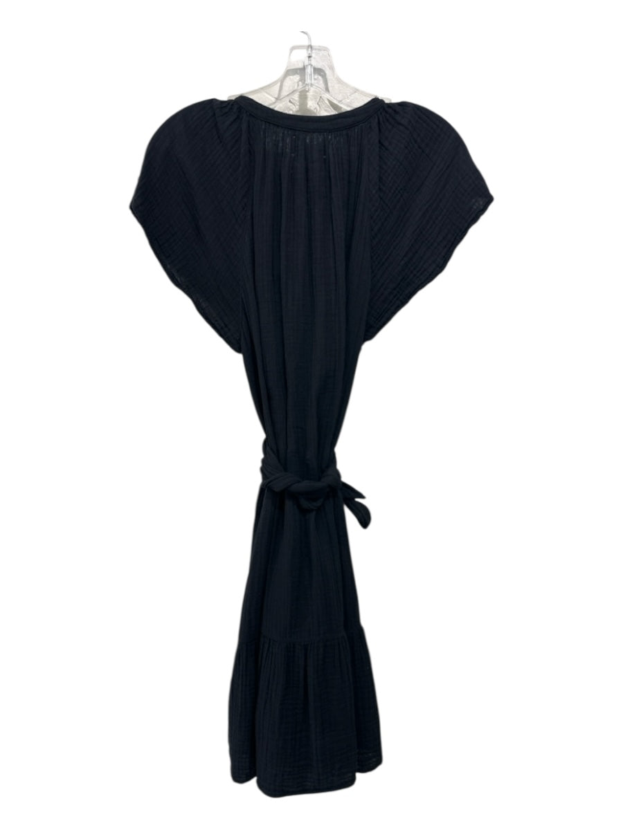 XiRENA Size M Black Cotton Gauze Button Sash Cap Sleeve Dress