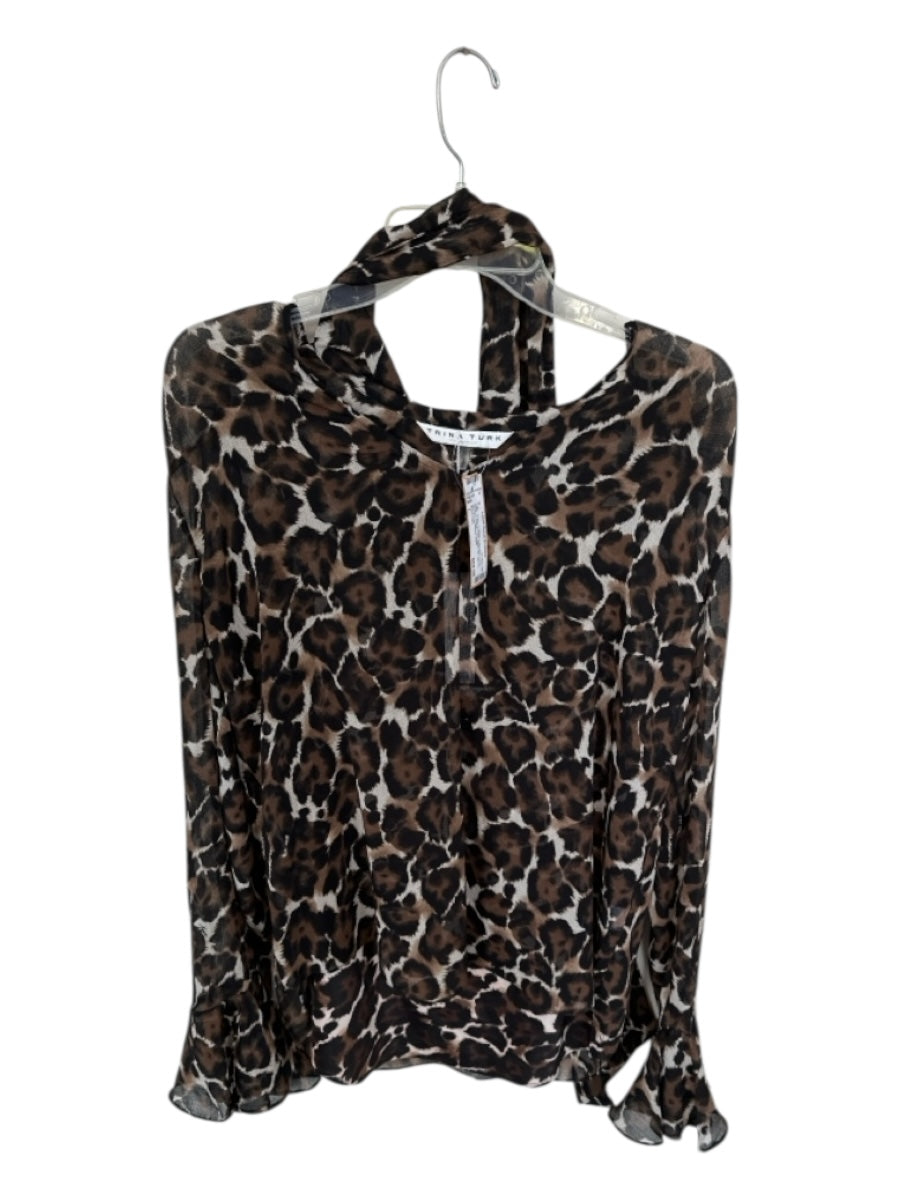 Trina Turk Size L Brown & Black Polyester Long Sleeve Animal Print Neck Tie Top