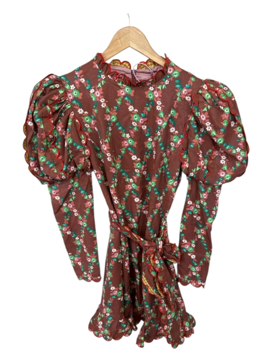 Celia B Size M Brown & Green Viscose Blend Long Sleeve Flowers Belted Dress