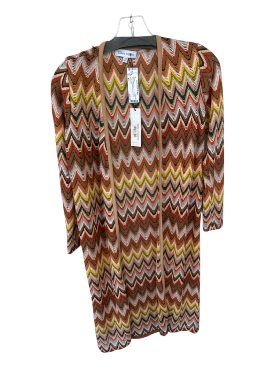 Willa Story Size XS Orange & Teal Print Polyester Blend Long Sleeve Sweater