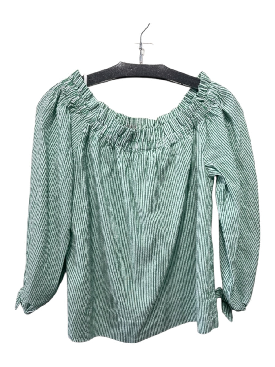 Lily Pulitzer Size Medium Green & White Cotton Blend Seersucker Off Shoulder Top