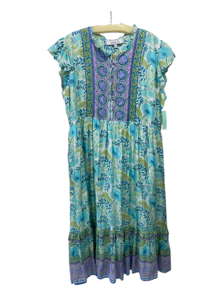 Bella Tu Size XL Blue, Green, Purple Beaded Floral Buttons Maxi Dress
