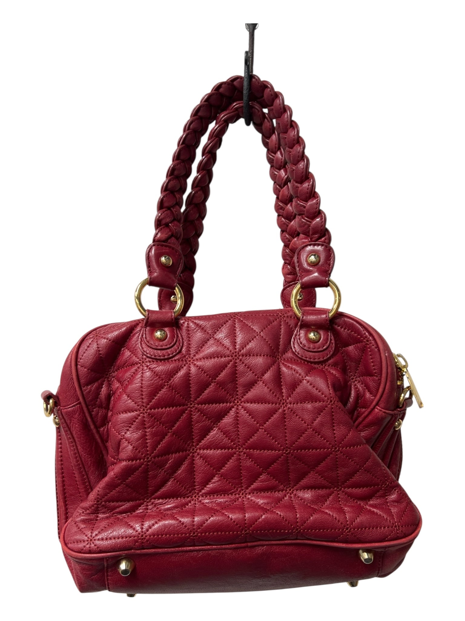 Cynthia Rowley Red Leather Braided Handle Gold Hardware Zip closure Quilted Bag