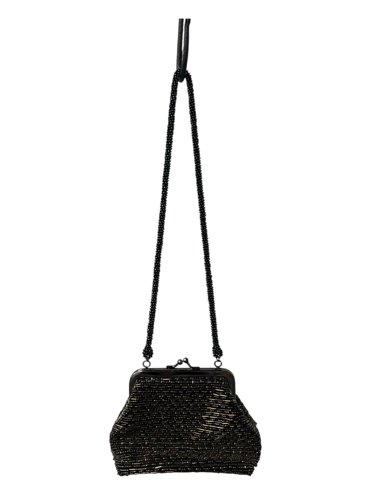 Inge Christopher Black & Bronze Beaded Gunmetal Hardware Beaded Strap Bag