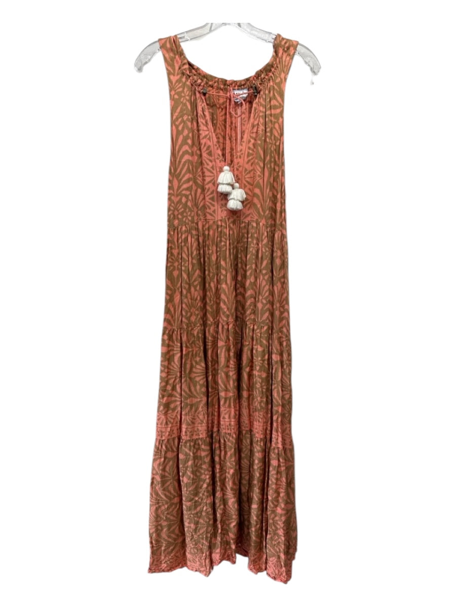 Omika Size M Orange & Brown Modal Sleeveless V Neck Drawstring Tiered Dress