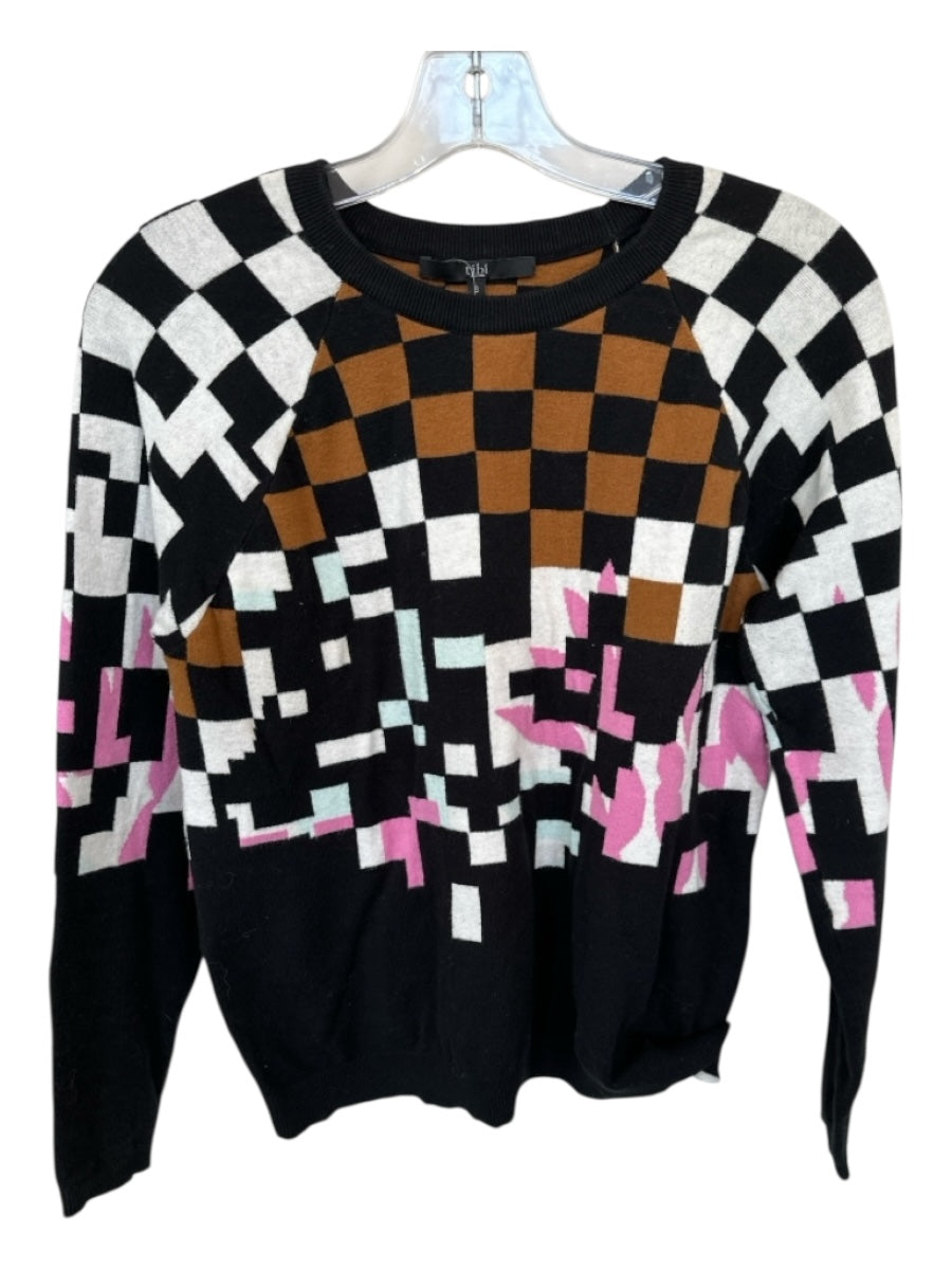Tibi Size S Black & Brown Cotton Blend Checkered Long Sleeve Sweater