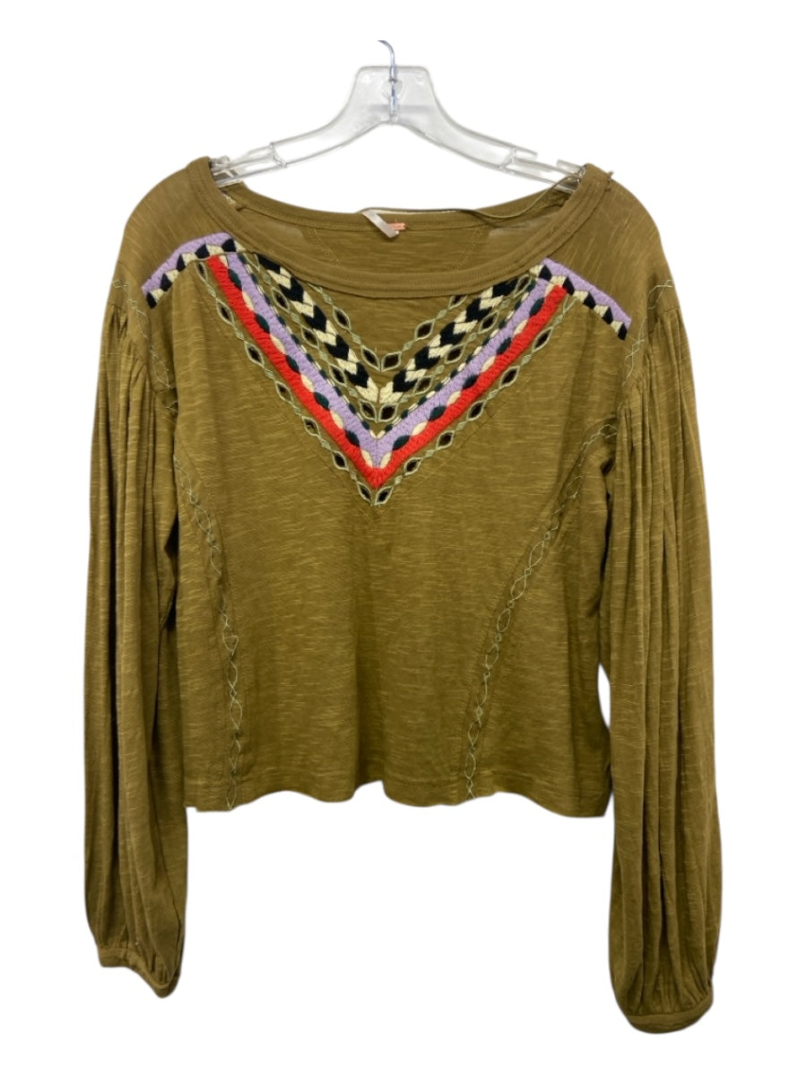 Free People Size S/P Split Pea Green & Multi Cotton Long Sleeve Abstract Top