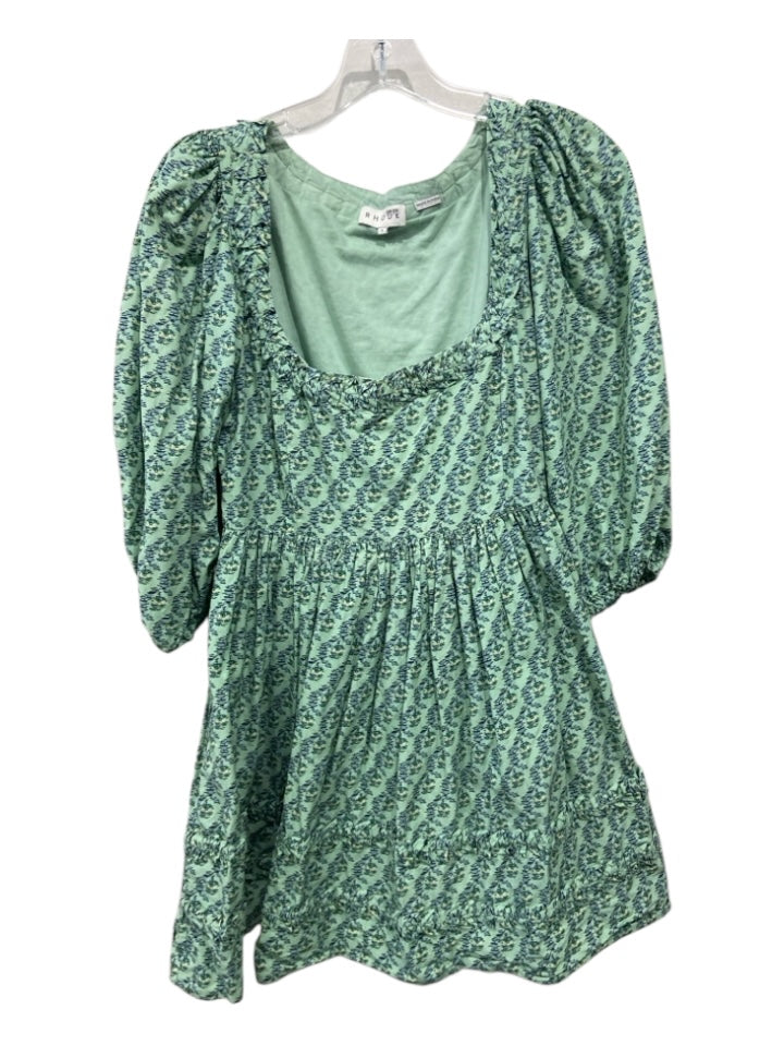 Rhode Size 6 Light Green, Blue, Yellow Cotton Long puff sleeve Gathered Dress