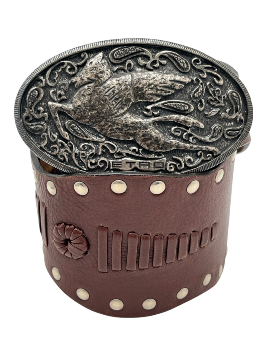 Etro Brown & Silver Leather Peg Buckle Stitch Detail Studded Belts
