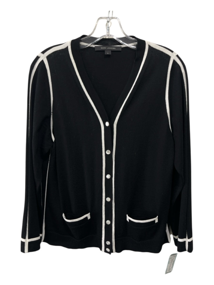 Marc Jacobs Size Large Black & White Wool Blend Long Sleeve Piping Cardigan