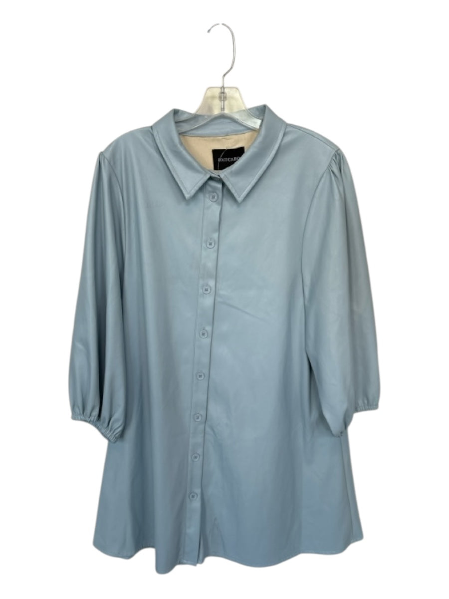 Dolce Cabo Size L Baby Blue Vegan Leather Long Balloon Sleeve Button Down Dress