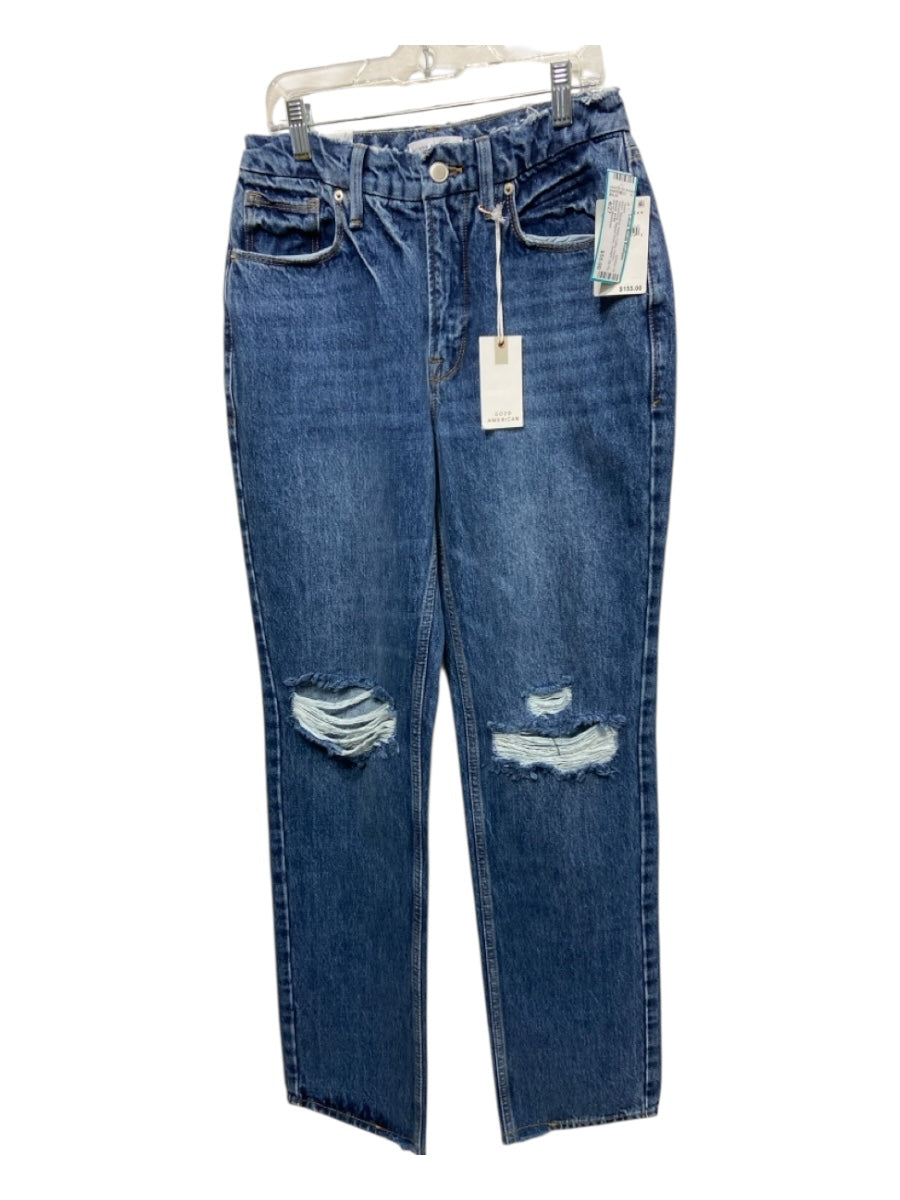 Good American Size 4/27 Medium Wash Cotton Denim Whiskering Ripped Knee Jeans