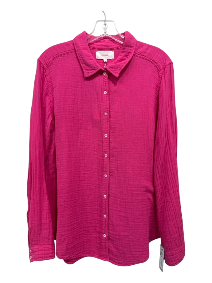 XiRENA Size Large Fuchsia Cotton Long Sleeve Wrinkled Button Up & Collar Top