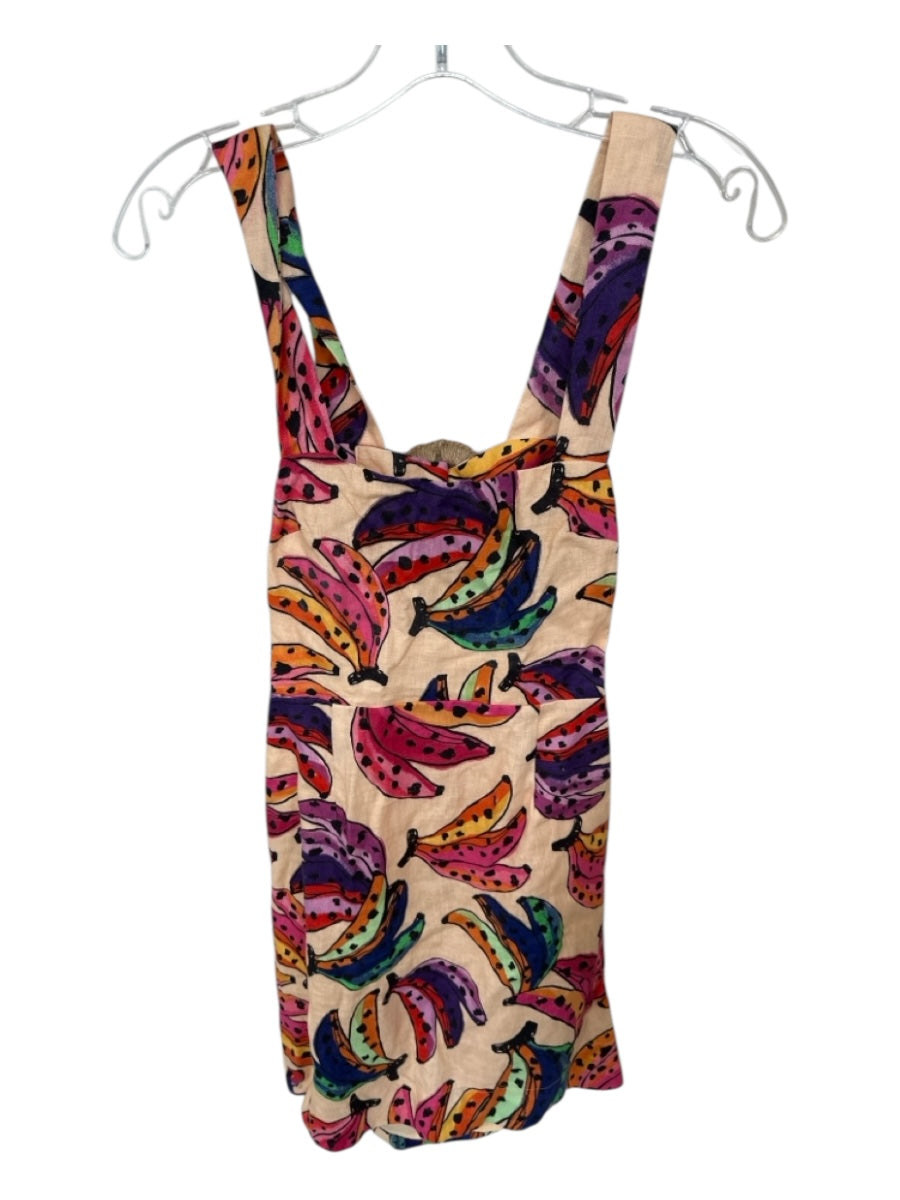 Farm Rio Size XS Peach & Multi Linen Sleeveless Bananas Belted Open Back Dress