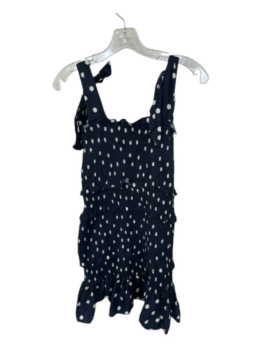 Mable Size M Navy & Cream Cotton Tie Straps Polka Dot Smocked Ruffles Dress