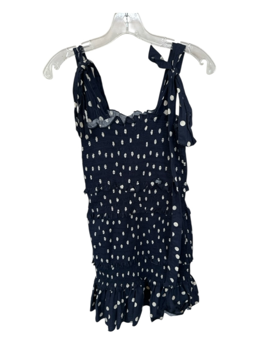 Mable Size M Navy & Cream Cotton Tie Straps Polka Dot Smocked Ruffles Dress