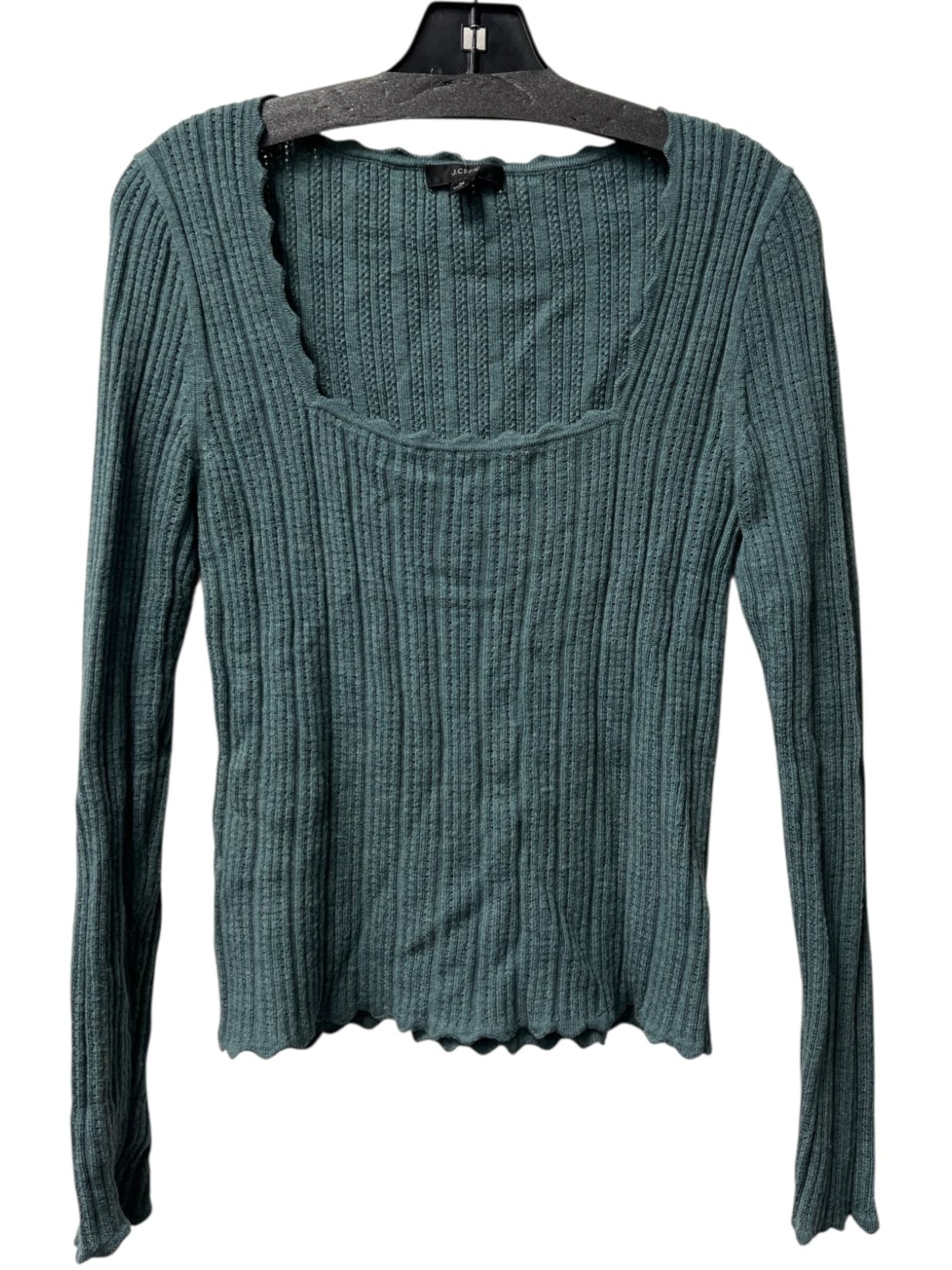 J Crew Size M Teal Merino Wool Knit Long Sleeve Square Neck Scallop Sweater
