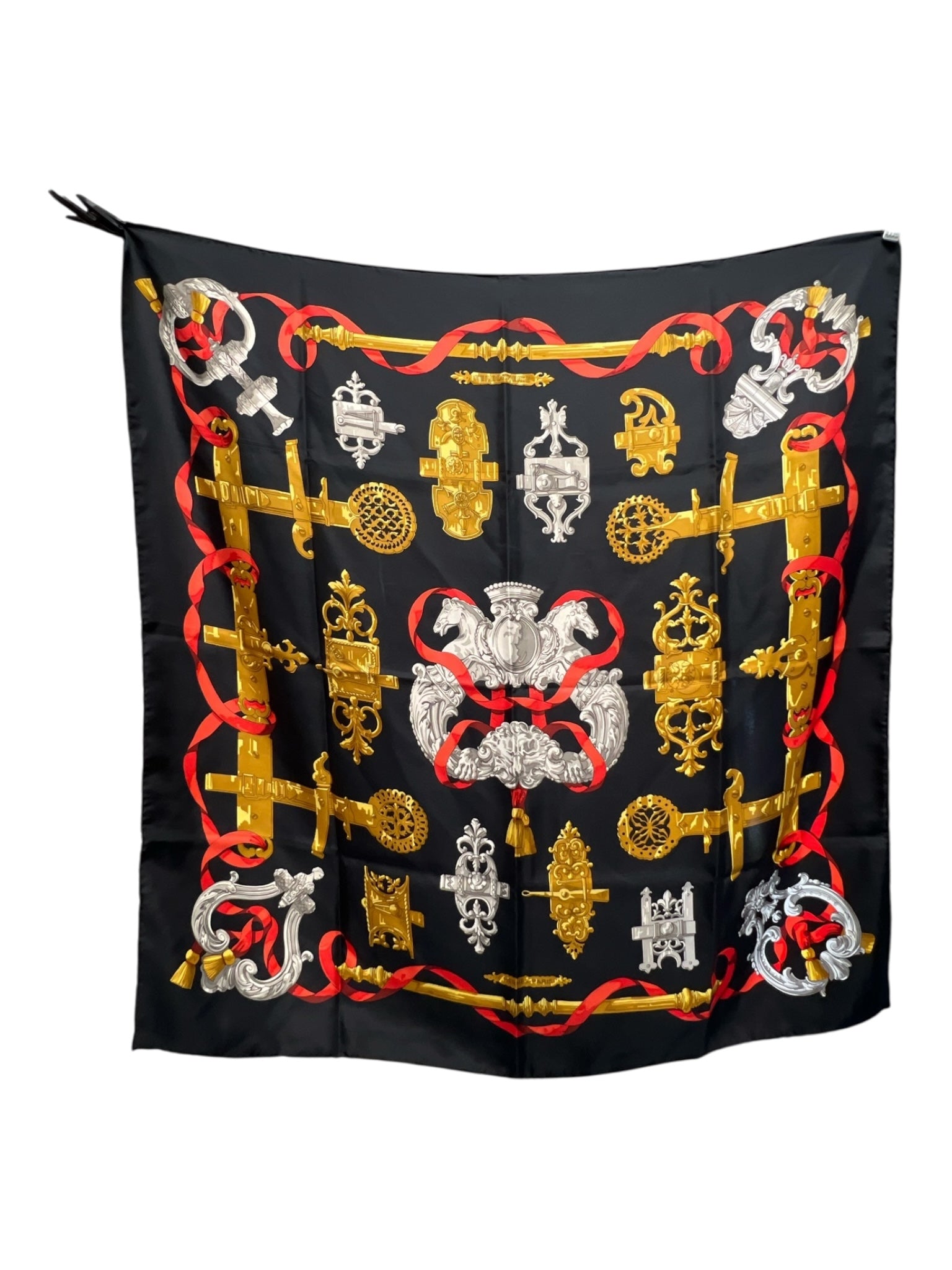 Hermes Navy, Silver, Red, & Gold Silk Sqaure Illustrations Crest Print scarf