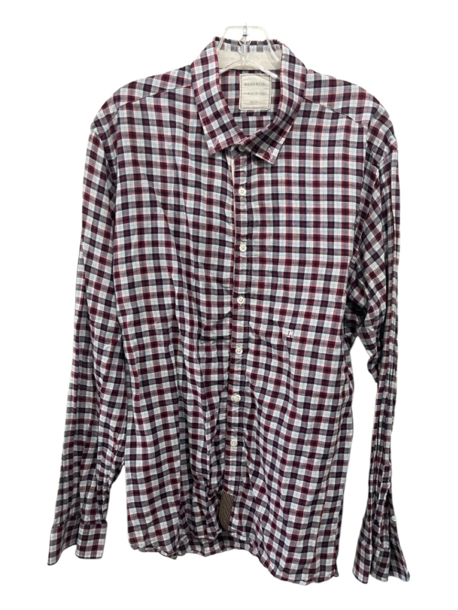 Billy Reid Size XL White & Red Linen Blend Plaid Button Up Long Sleeve Shirt