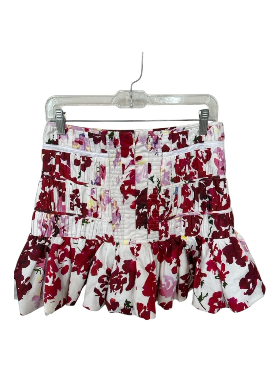 Aje. Size 10 Maroon & White Cotton Smocked Flowers Back Zip Skirt